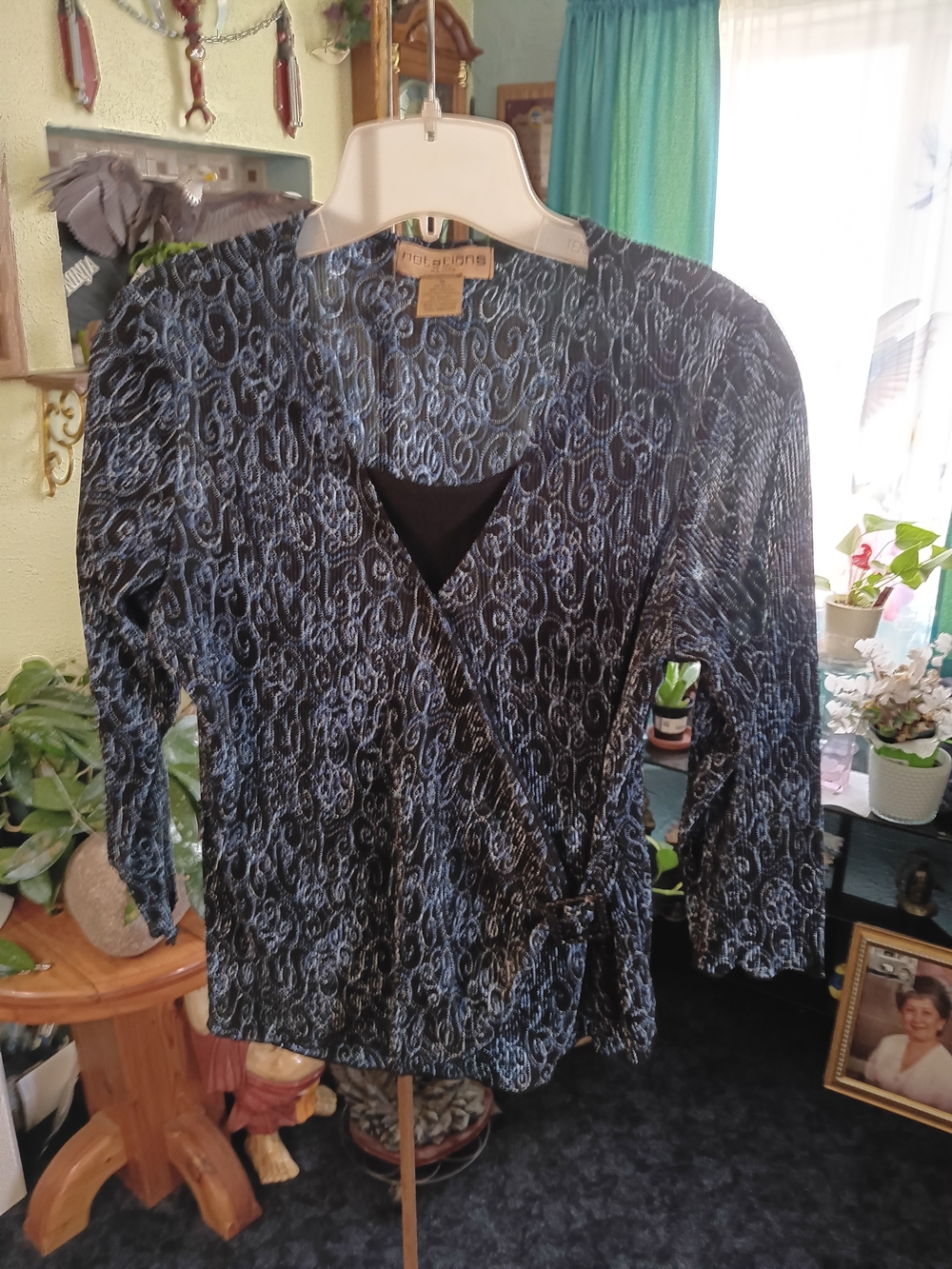 Notations Black and Blue Wrap-Style Printed Blouse